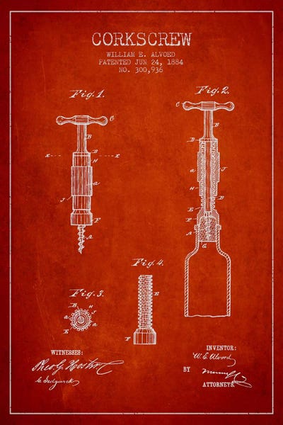 Food & Drink Blueprints: Corkscrew Red Patent Blueprint by Aged Pixel