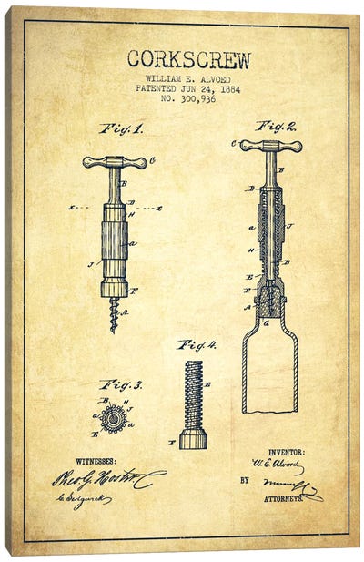 Corkscrew Vintage Patent Blueprint Canvas Art Print - Aged Pixel: Drink & Beer