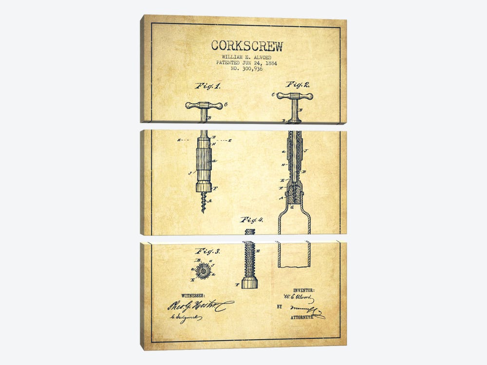 Corkscrew Vintage Patent Blueprint by Aged Pixel 3-piece Canvas Wall Art