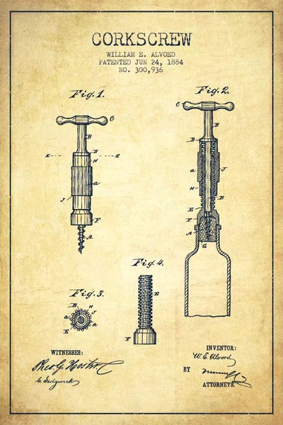 Food & Drink Blueprints: Corkscrew Vintage Patent Blueprint by Aged Pixel