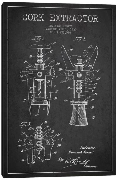 Corkscrew Charcoal Patent Blueprint Canvas Art Print - Drink & Beverage Art