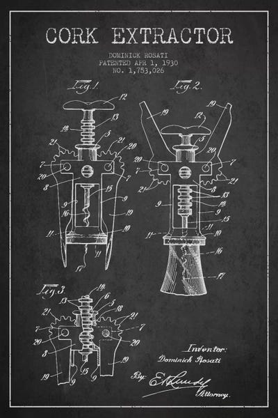 Food & Drink Blueprints: Corkscrew Charcoal Patent Blueprint by Aged Pixel