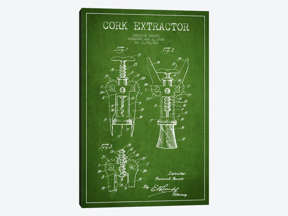 Corkscrew Green Patent Blueprint by Aged Pixel 1-piece Canvas Artwork