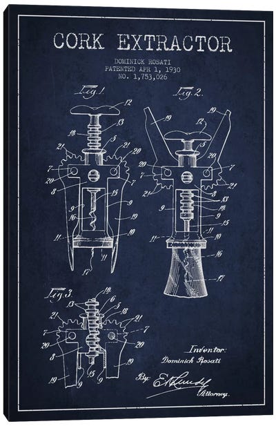 Corkscrew Navy Blue Patent Blueprint Canvas Art Print - Food & Drink Blueprints