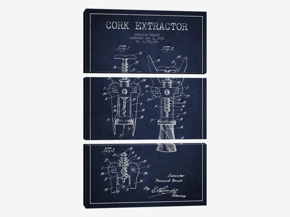 Corkscrew Navy Blue Patent Blueprint by Aged Pixel 3-piece Canvas Art Print