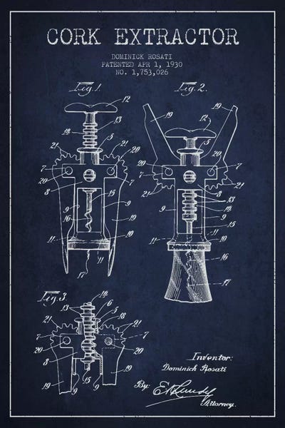 Food & Drink Blueprints: Corkscrew Navy Blue Patent Blueprint by Aged Pixel