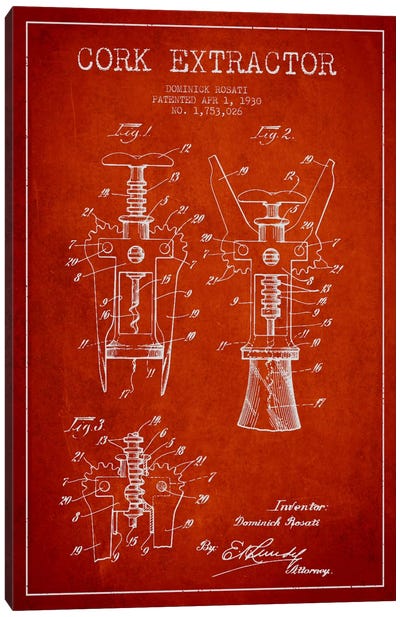 Corkscrew Red Patent Blueprint Canvas Art Print - Pomegranate and Jade