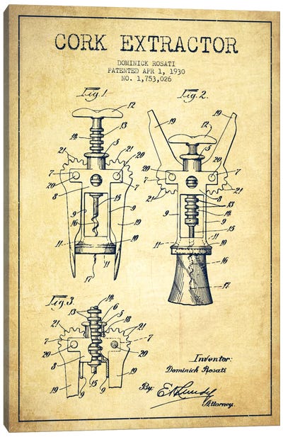Corkscrew Vintage Patent Blueprint Canvas Art Print - Bar Art