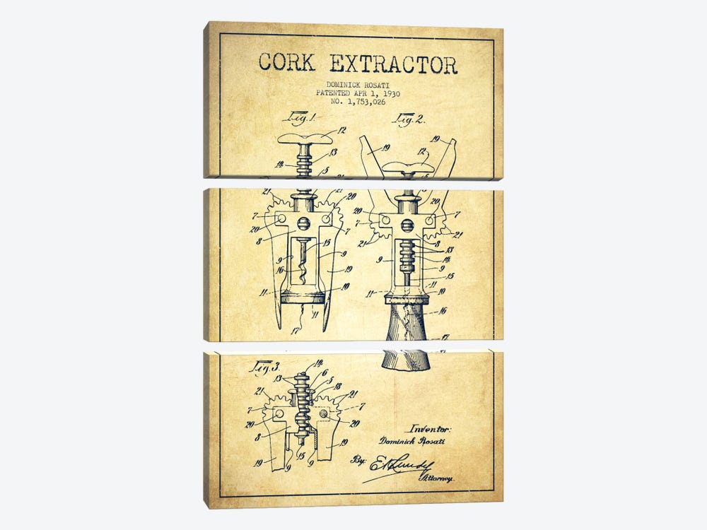 Corkscrew Vintage Patent Blueprint by Aged Pixel 3-piece Canvas Art Print