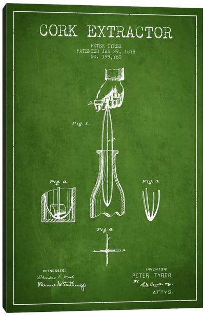 Corkscrew Green Patent Blueprint Canvas Art Print - Bar Art
