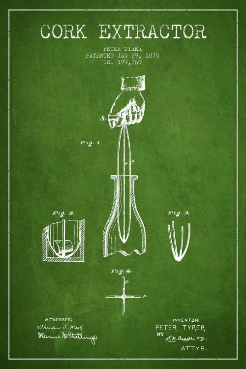 Corkscrew Green Patent Blueprint by Aged Pixel wall art