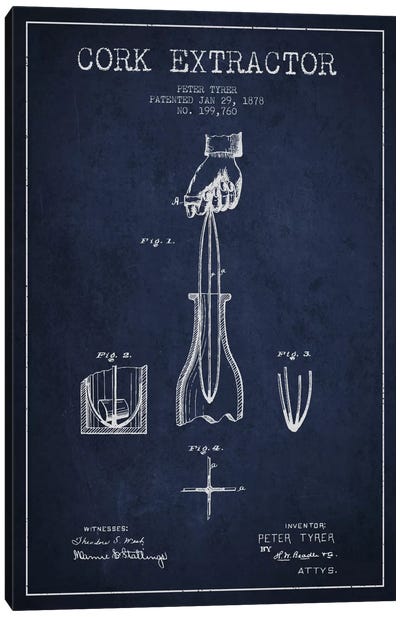 Corkscrew Navy Blue Patent Blueprint Canvas Art Print - Drink & Beverage Art