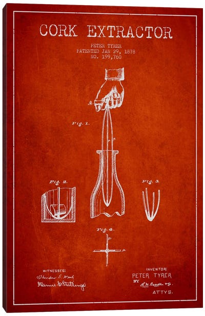Corkscrew Red Patent Blueprint Canvas Art Print - Drink & Beverage Art