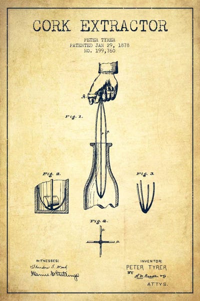 Food & Drink Blueprints: Corkscrew Vintage Patent Blueprint by Aged Pixel