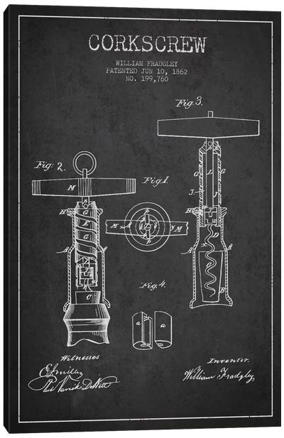 Corkscrew Charcoal Patent Blueprint Canvas Art Print - Winery/Tavern