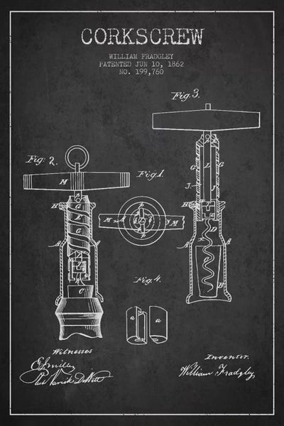 Food & Drink Blueprints: Corkscrew Charcoal Patent Blueprint by Aged Pixel