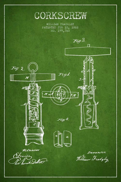 Corkscrew Green Patent Blueprint by Aged Pixel wall art