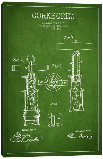 Corkscrew Green Patent Blueprint Canvas Art Print - Drink & Beverage Art