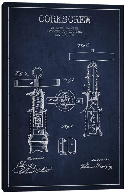 Corkscrew Navy Blue Patent Blueprint Canvas Art Print - Food & Drink Blueprints