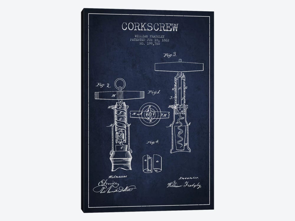Corkscrew Navy Blue Patent Blueprint 1-piece Canvas Artwork