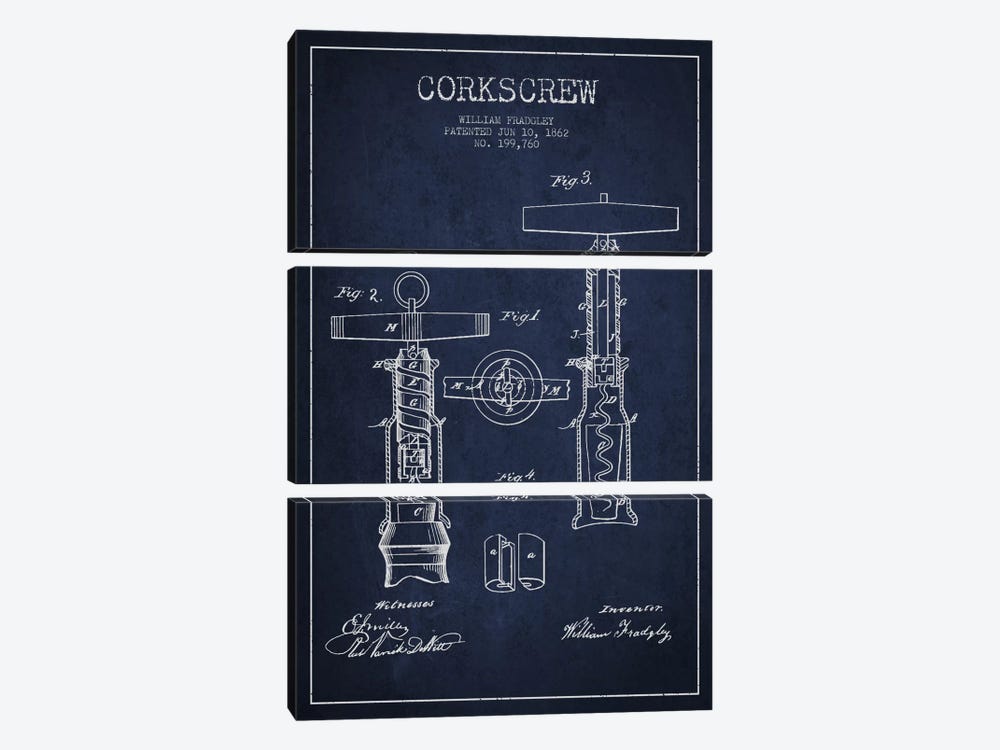 Corkscrew Navy Blue Patent Blueprint by Aged Pixel 3-piece Canvas Artwork