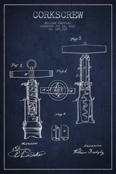Food & Drink Blueprints: Corkscrew Navy Blue Patent Blueprint by Aged Pixel