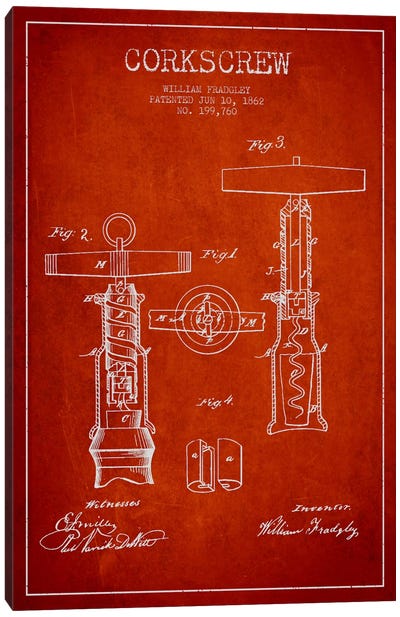 Corkscrew Red Patent Blueprint Canvas Art Print - Aged Pixel: Drink & Beer
