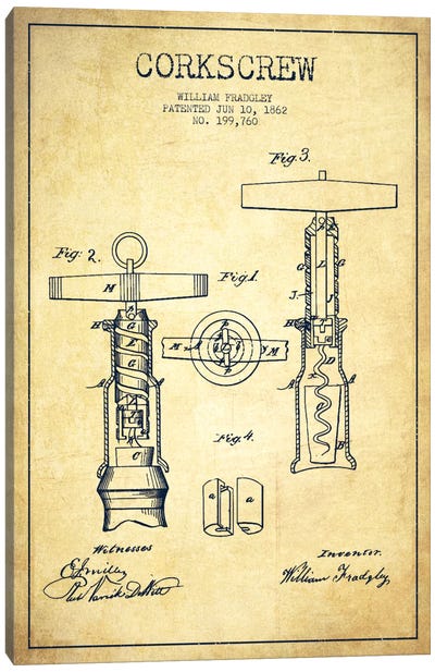 Corkscrew Vintage Patent Blueprint Canvas Art Print - Food & Drink Blueprints