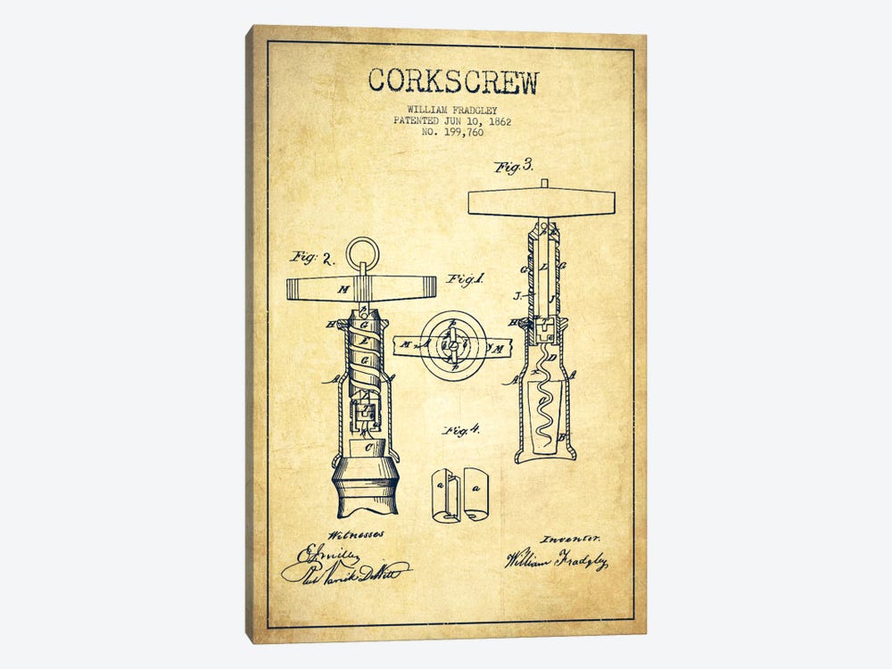 Corkscrew Vintage Patent Blueprint by Aged Pixel 1-piece Canvas Artwork
