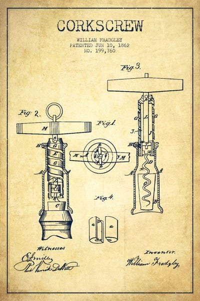 Food & Drink Blueprints: Corkscrew Vintage Patent Blueprint by Aged Pixel