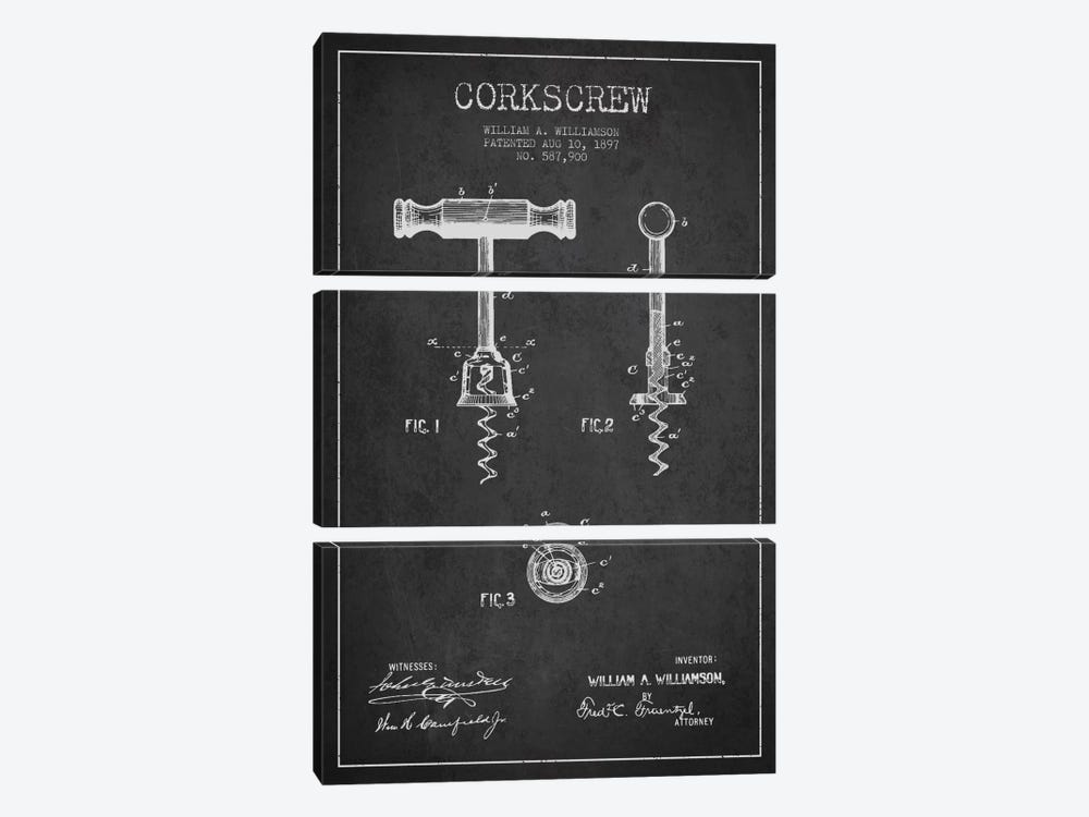 Corkscrew Charcoal Patent Blueprint by Aged Pixel 3-piece Canvas Print