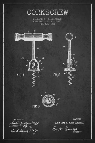 Food & Drink Blueprints: Corkscrew Charcoal Patent Blueprint by Aged Pixel