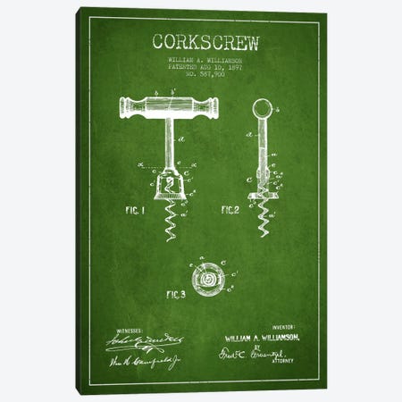 Corkscrew Green Patent Blueprint Canvas Print #ADP770} by Aged Pixel Canvas Print