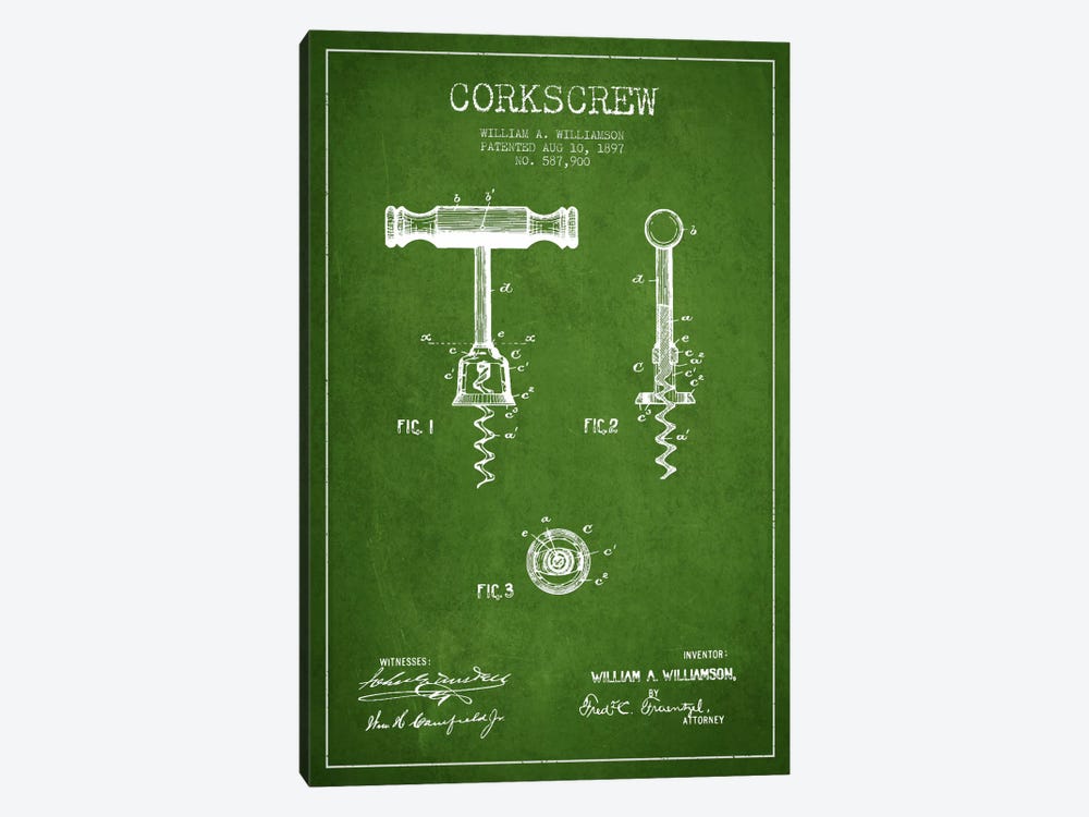 Corkscrew Green Patent Blueprint by Aged Pixel 1-piece Art Print