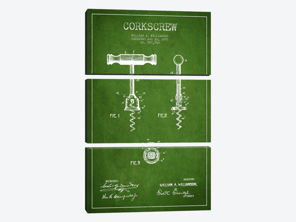Corkscrew Green Patent Blueprint by Aged Pixel 3-piece Canvas Print