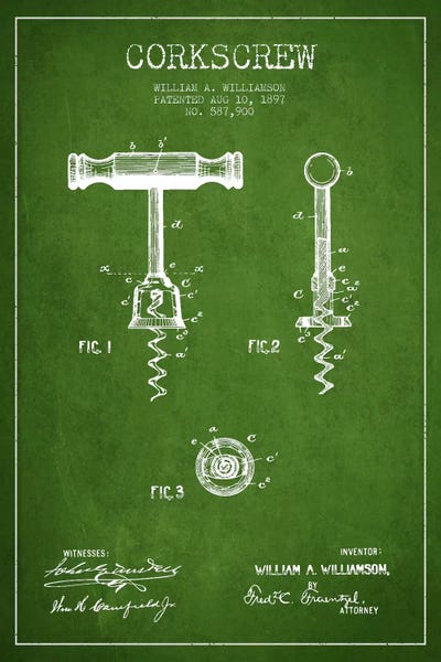 Food & Drink Blueprints: Corkscrew Green Patent Blueprint by Aged Pixel