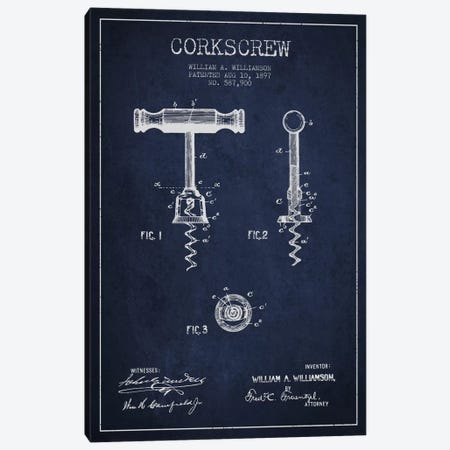 Corkscrew Navy Blue Patent Blueprint Canvas Print #ADP771} by Aged Pixel Canvas Art Print