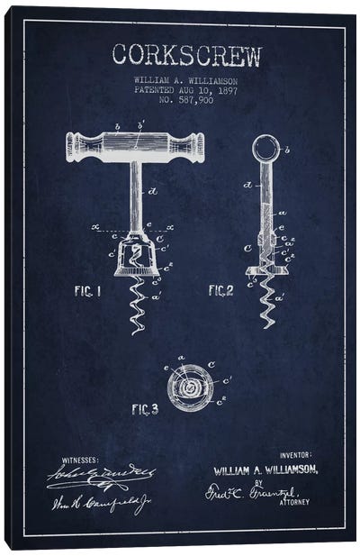 Corkscrew Navy Blue Patent Blueprint Canvas Art Print - Aged Pixel: Drink & Beer