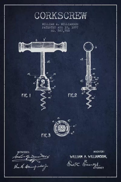Food & Drink Blueprints: Corkscrew Navy Blue Patent Blueprint by Aged Pixel