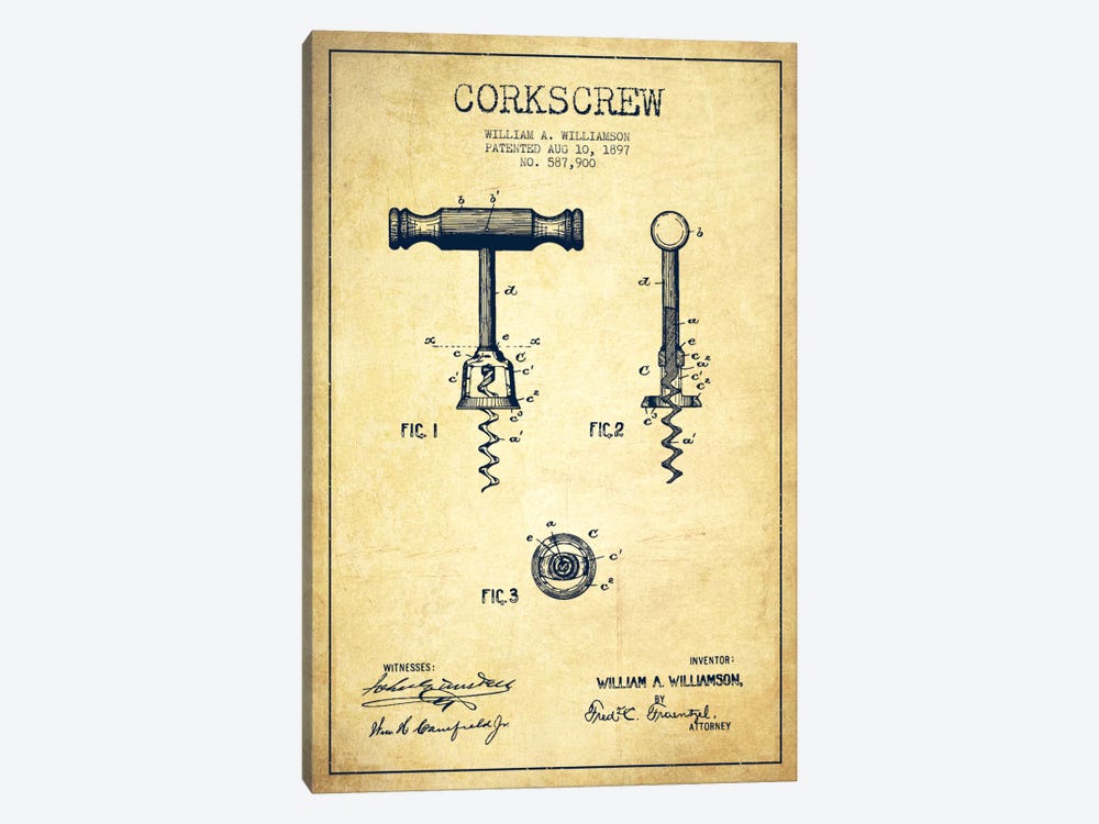 Corkscrew Vintage Patent Blueprint by Aged Pixel 1-piece Canvas Art Print