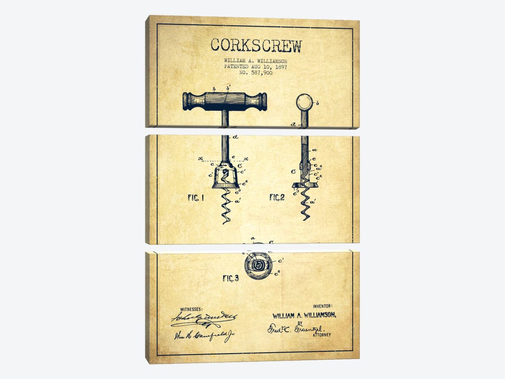 Corkscrew Vintage Patent Blueprint by Aged Pixel 3-piece Canvas Print