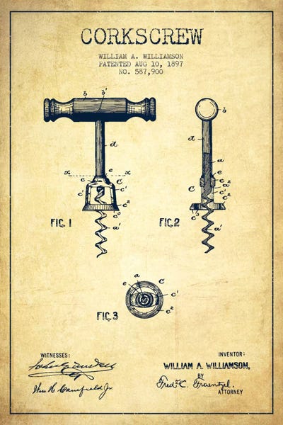 Food & Drink Blueprints: Corkscrew Vintage Patent Blueprint by Aged Pixel