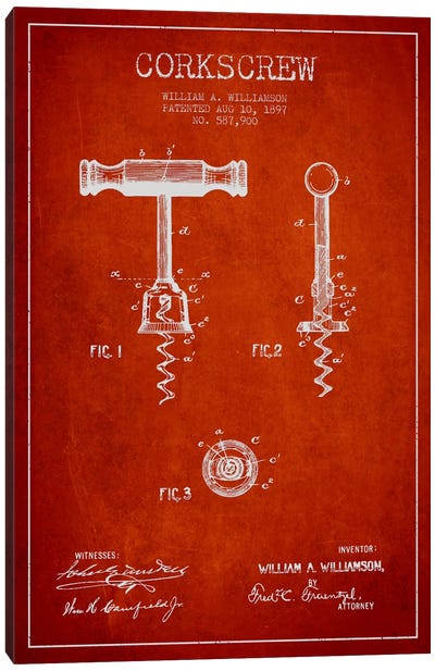 Corkscrew Red Patent Blueprint Canvas Art Print - Drink & Beverage Art