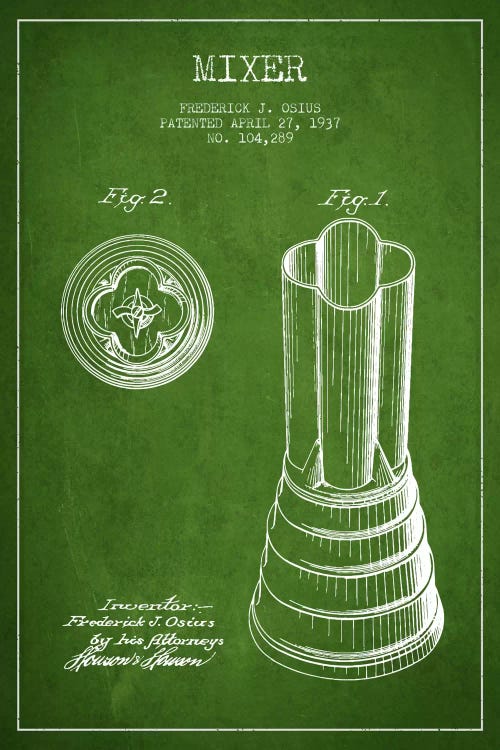Mixer Green Patent Blueprint by Aged Pixel wall art