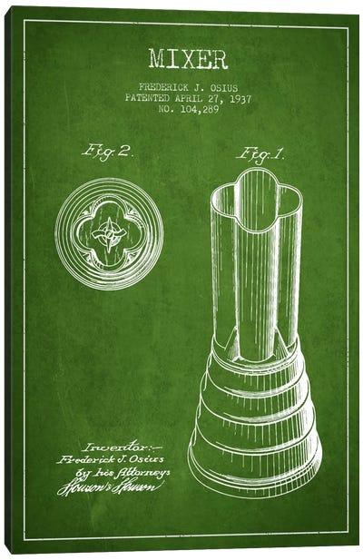 Mixer Green Patent Blueprint Canvas Art Print - Food & Drink Blueprints