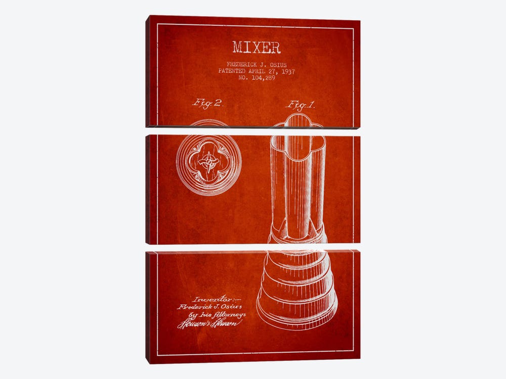 Mixer Red Patent Blueprint by Aged Pixel 3-piece Canvas Wall Art