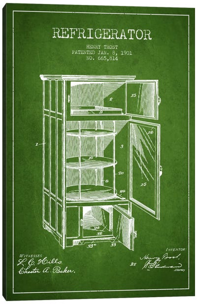 Refrigerator Green Patent Blueprint Canvas Art Print - Aged Pixel: Household Goods
