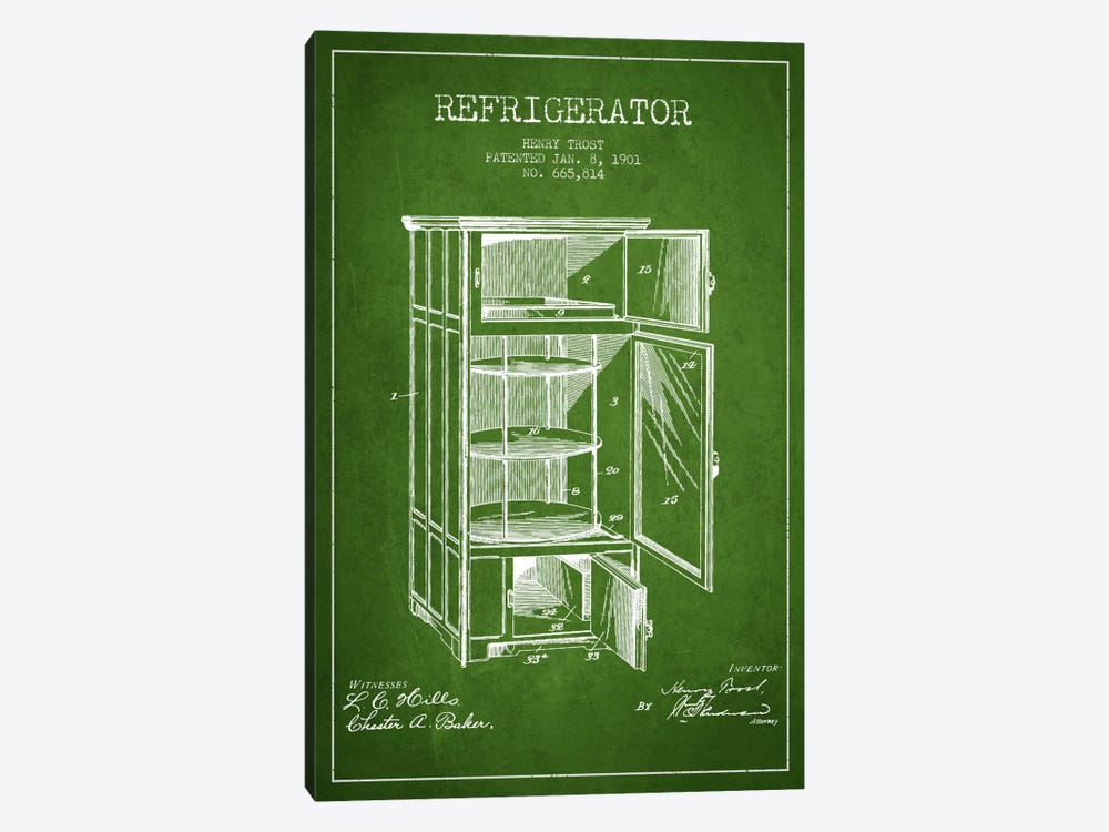 Refrigerator Green Patent Blueprint by Aged Pixel 1-piece Art Print