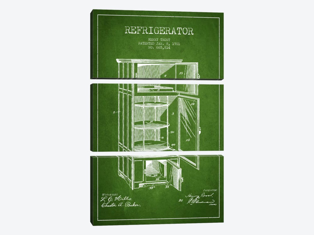 Refrigerator Green Patent Blueprint by Aged Pixel 3-piece Canvas Print