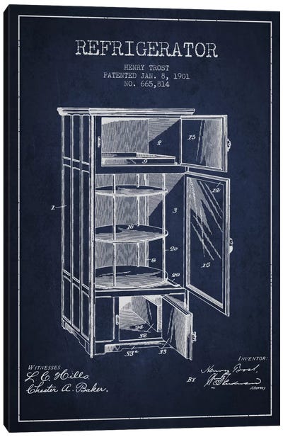 Refrigerator Navy Blue Patent Blueprint Canvas Art Print - Household Goods Blueprints
